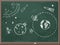 Blackboard. Figures with chalk. Space. Planets, rockets, satellites. Green background