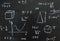 Blackboard with mathematical and geometric formulas written with chalk on a black backgroundblackboard with mathematical and