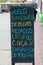 Blackboard with an offer of a restaurant. It says: ice, sandwich, drinks, ice creams, juices, coca leaves, fruit salad