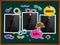 Blackboard with photo frames, fashion patch badges or stickers and colorful magnets. Vector.