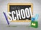 Blackboard welcomes back with pencil and colorful study supplies on brick wall banner concept with ink splashes for sale