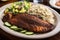 Blackened catfish with a side of dirty rice and a refreshing cucumber salad