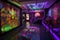 blacklight and uv-reactive art installation, with various artwork displayed on walls and floor
