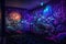 blacklight and uv-reactive mural, bringing out hidden details of a scene