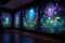 blacklight and uv-reactive painting of fantasy realm in a gallery setting