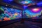 blacklight and uv-reactive painting of fantasy realm in a gallery setting