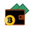 Blackly the brown purse of Ð¿Ð¾Ñ€Ñ‚Ð¼Ð¾Ð½Ðµ with the button bitcoin are bank white and yellow on a white background