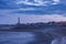 Blackpool tower and the ferris wheel taken from the promenade early in the morning