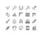 Blacksmith flat line icons set. Metal work sign - anvil, forge hammer, horseshoe, chain, forging furnace. Simple flat