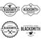 Blacksmith labels set. Design elements for metalworks service emblems, badges, logos. Monochrome seal collection