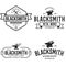 Blacksmith labels set. Design elements for metalworks service emblems, badges, logos. Monochrome seal collection