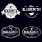 Blacksmith labels set. Design elements for metalworks service emblems, badges, logos. Monochrome seal collection