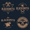 Blacksmith labels set. Design elements for metalworks service emblems, badges, logos. Monochrome seal collection