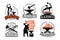 Blacksmith and Metalworks badge set. Labels Blacksmith and workshop, hammer and anvil emblem illustration