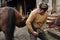 Blacksmith shoeing a horse