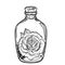 Blackwork tattoo flash. Rose flower inside bottle. Highly detail