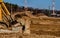 Blade and hydraulic lift cylinders of bulldozer at new construction site