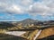 Blahnukur mountain and rhyolite mountains covered with snow in Landmannalaugar geothermal region, South Iceland