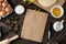 Blakek for recipes. baking ingredients, cookie molds and baking tools on a brown wooden table. view from above. space for text