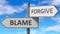 Blame and forgive as a choice - pictured as words Blame, forgive on road signs to show that when a person makes decision he can