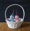 Blanching basket with toy on wooden table