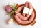 Blanck space tag in set white sausages for sale still life mediterranean chorizo spicy white background