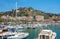 Blanes harbour and view of Sant Joan mountain. Costa Brava, Catalonia, Spain