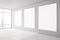 Blank apartment, three empty banners in the background, concrete floor, white walls, interior concept. Mock up