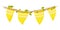 Blank banner, hanging flags, bunting with sticks and green leaves for spring, Easter, baby showers and sales, on