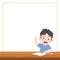 Blank banner text box frame and a asian boy study at the desk and figure out something , illustration vector. Education Concept