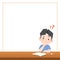 Blank banner text box frame and a asian boy study at the desk with a question , illustration vector. Education Concept
