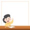 Blank banner text box frame and a asian girl study at the desk and figure out something , illustration vector. Education Concept