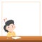 Blank banner text box frame and a asian girl study at the desk with a question , illustration vector. Education Concept