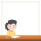 Blank banner text box freame and a asian girl study at the desk , illustration vector. Education Concept