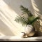 Blank beige concrete texture curve counter podium green fern tree in white ceramic vase in sunlight leaf shadow on wall for luxury