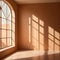 Blank beige neutral backdrop of home interior wall with light streaming, for product mockup