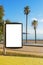 Blank billboard outdoors, outdoor advertising, public information placeholder board near the beach sea