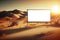 Blank Billboard Transparent Mock Up, Png. Background With Unfocused Desert Landscape With Sand. Generative AI