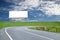 Blank billboard for your advertisement with space for text on road curve,with green grass and blue sky white cloud.