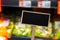 Blank Black billboard against groceries shop Empty mockup template Blackboard label at shopping mall store. Shopping