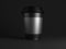 Blank black disposable paper cup with plastic lid mock up on black background, 3d rendering. Empty polystyrene coffee