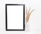 Blank black picture frames , Mockup in hipster style workspace