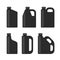 Blank Black Plastic Canisters Icons Set for Motor Machine Oil. Vector