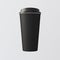 Blank Black Plastic Paper Coffee Cup Empty White Background.One Take Away Cardboard Mug Closed Cap Isolated.Retail
