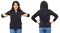 Blank black sweatshirt mock up set isolated, front, back view. Afro Woman wear hoodie mockup. Plain hoody design presentation.