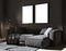 Blank black two frames mock up in modern loft living room interior with gray sofa, carpet, decorations and coffee table, living