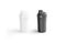 Blank black and white fitness shaker bottle mockup, side view
