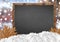 Blank blackboard with blurr city and snow and leaves with snow