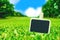 Blank Blackboard clip on green grass field with blur park background,Spring and summer time,Leave space for adding your text