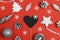 Blank blackboard-heart with white holiday decorations and cones